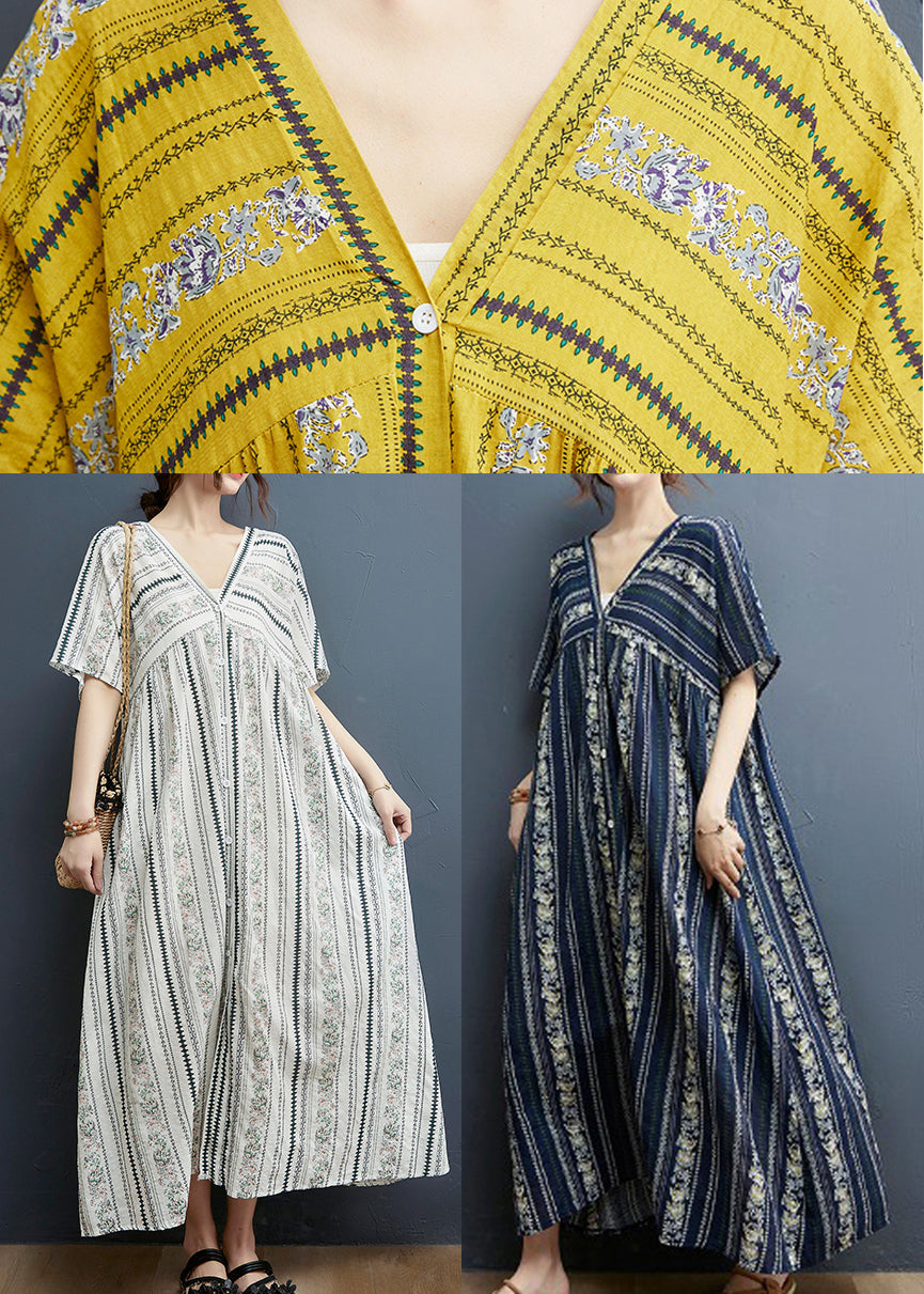 2025 Yellow Print Cotton Maxi Dresses Short Sleeve