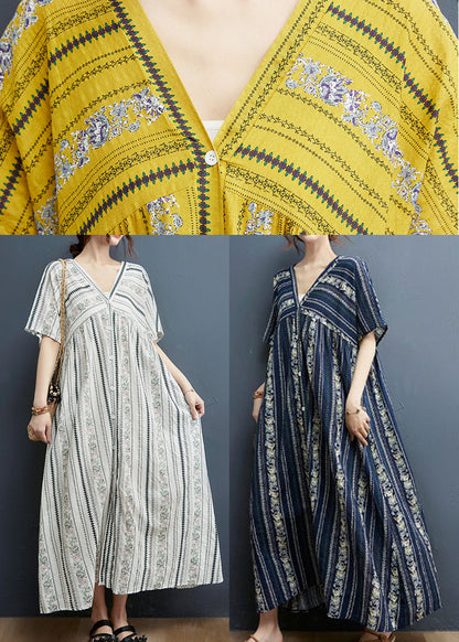 2025 Yellow Print Cotton Maxi Dresses Short Sleeve