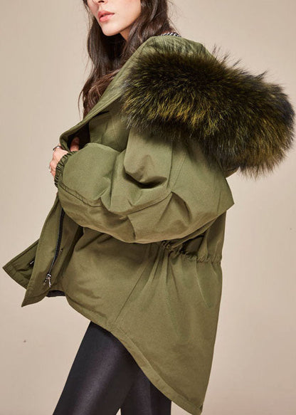 Trendy Army Green hooded Fur collar drawstring Winter cotton blend coat