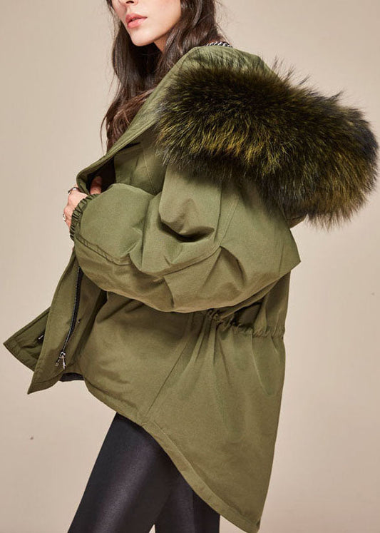 Trendy Army Green hooded Fur collar drawstring Winter cotton blend coat