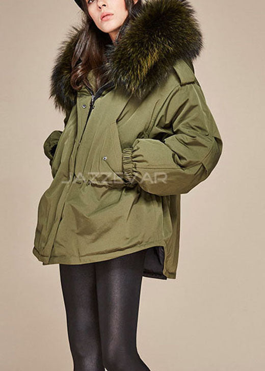 Trendy Army Green hooded Fur collar drawstring Winter cotton blend coat