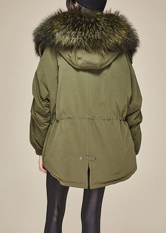 Trendy Army Green hooded Fur collar drawstring Winter cotton blend coat
