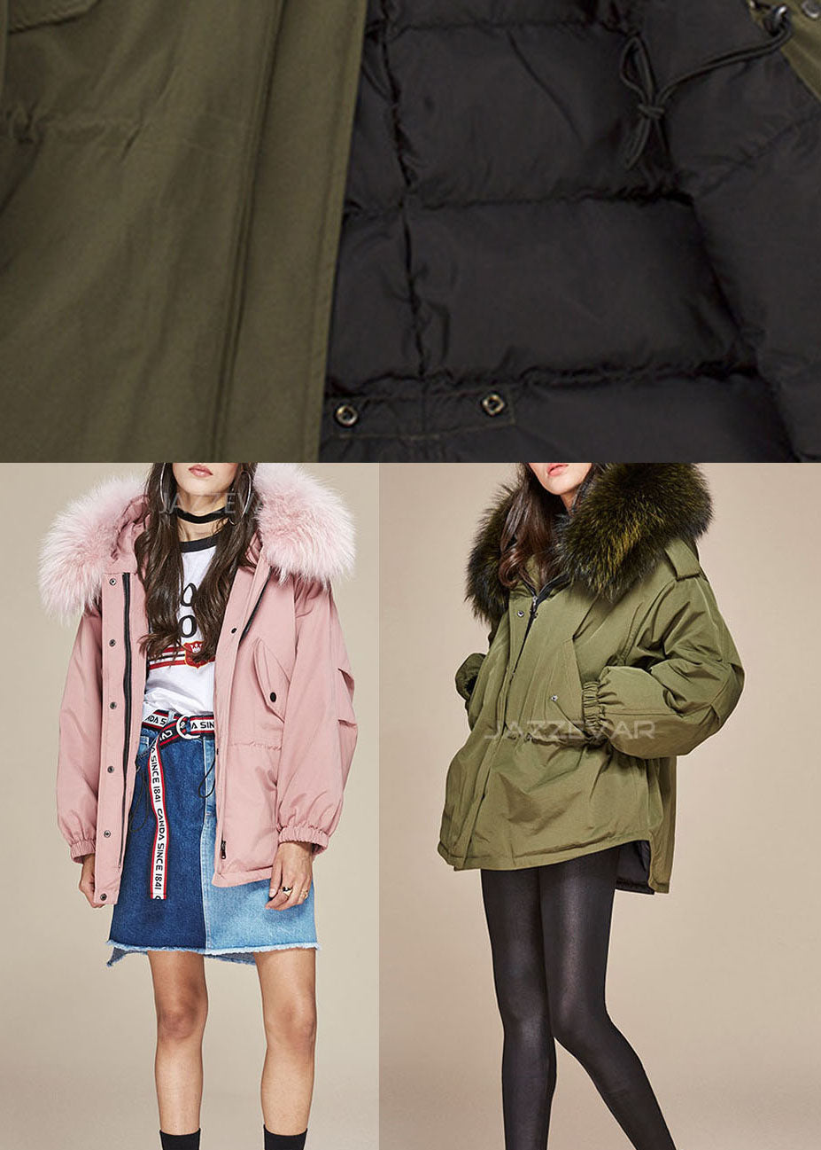 Trendy Army Green hooded Fur collar drawstring Winter cotton blend coat