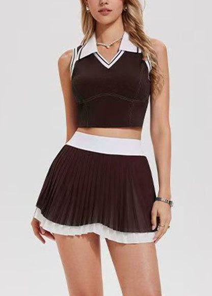 Trendy Brown Striped Patchwork Tennis Sportswear Two-Piece Set Summer
