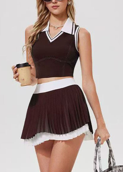 Trendy Brown Striped Patchwork Tennis Sportswear Two-Piece Set Summer
