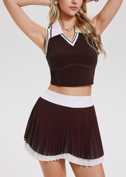 Trendy Brown Striped Patchwork Tennis Sportswear Two-Piece Set Summer