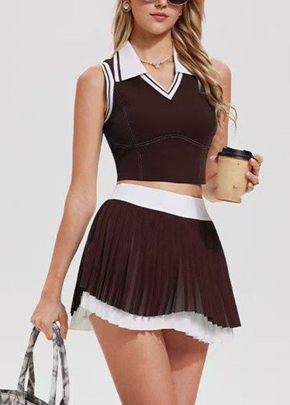 Trendy Brown Striped Patchwork Tennis Sportswear Two-Piece Set Summer