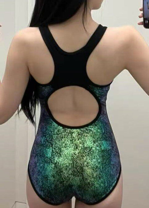 Trendy Green Zippered Hollow Out Swiming Bodysuit