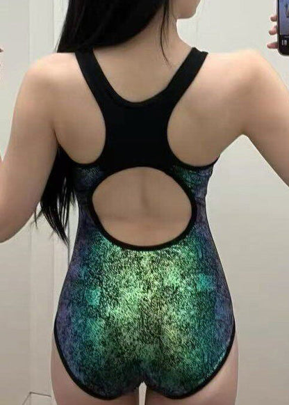 Trendy Green Zippered Hollow Out Swiming Bodysuit