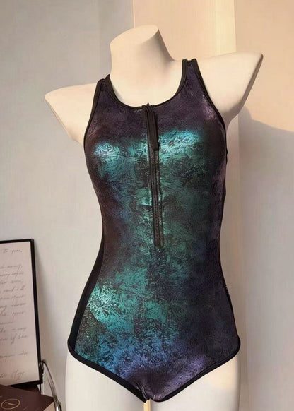 Trendy Green Zippered Hollow Out Swiming Bodysuit
