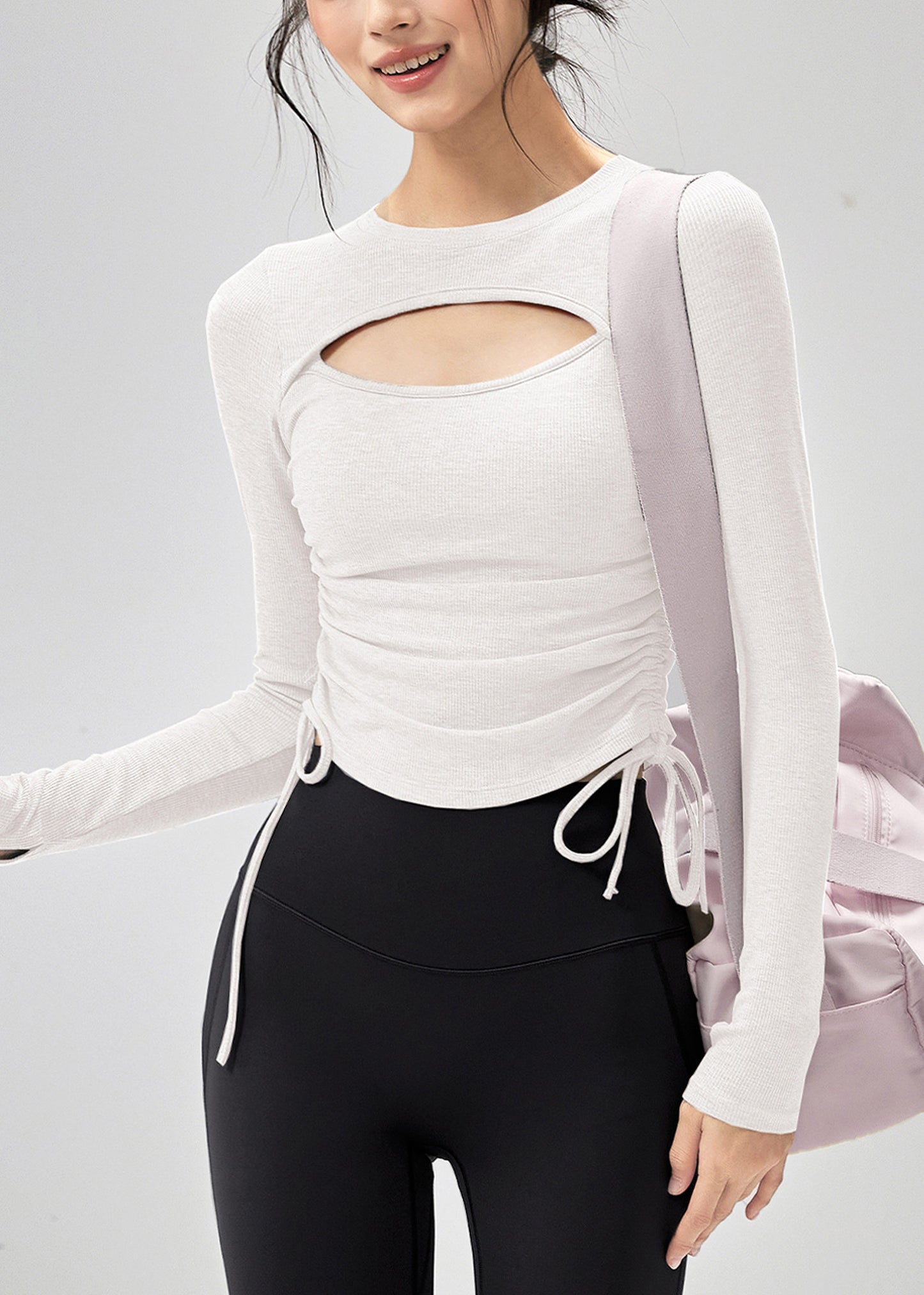 Trendy Grey Hollow Out Drawstring Sports Top