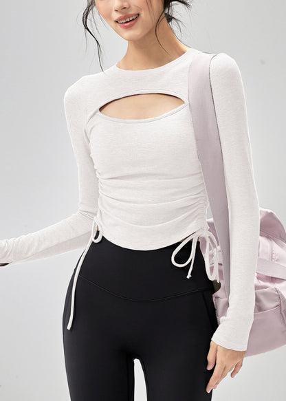 Trendy Grey Hollow Out Drawstring Sports Top