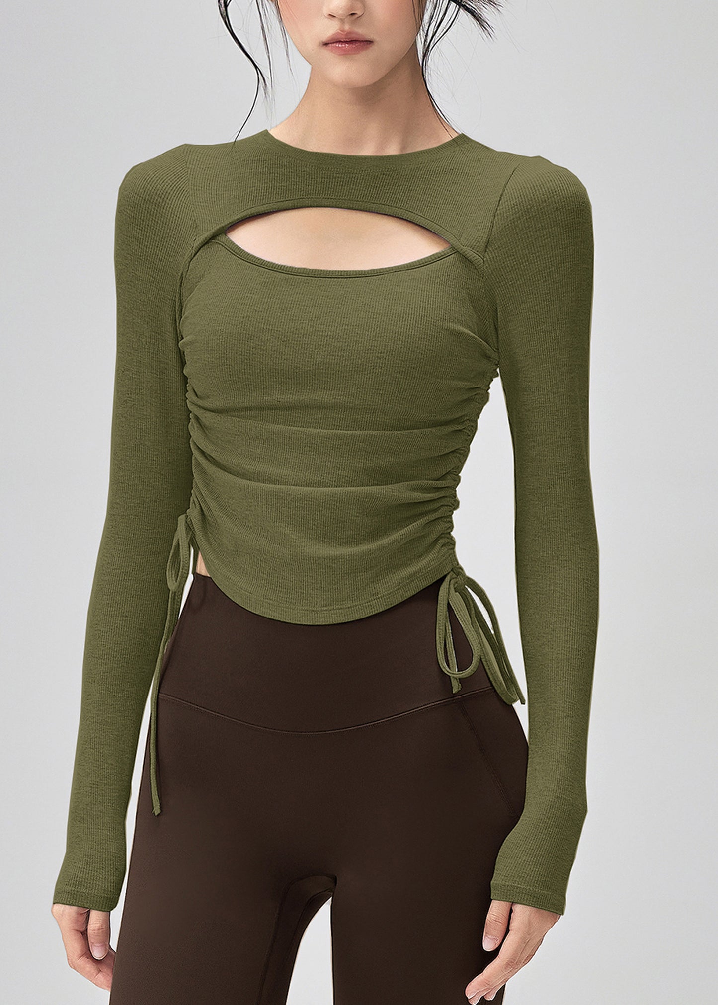 Trendy Grey Hollow Out Drawstring Sports Top