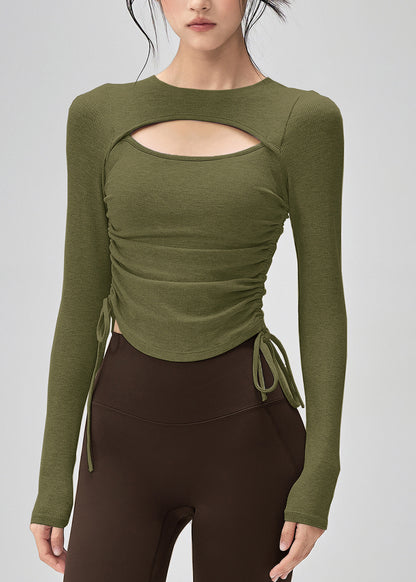 Trendy Grey Hollow Out Drawstring Sports Top