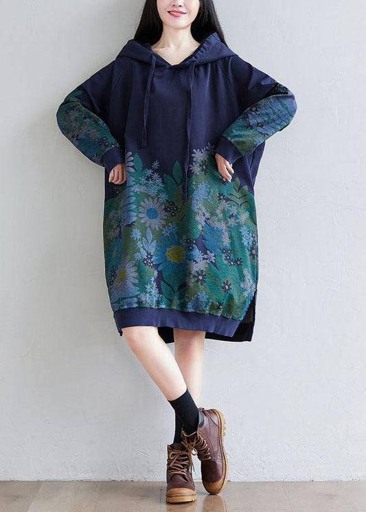 Trendy Navy Hooded Pockets Print Side Open Fall Sweatshirts Dress - SooLinen