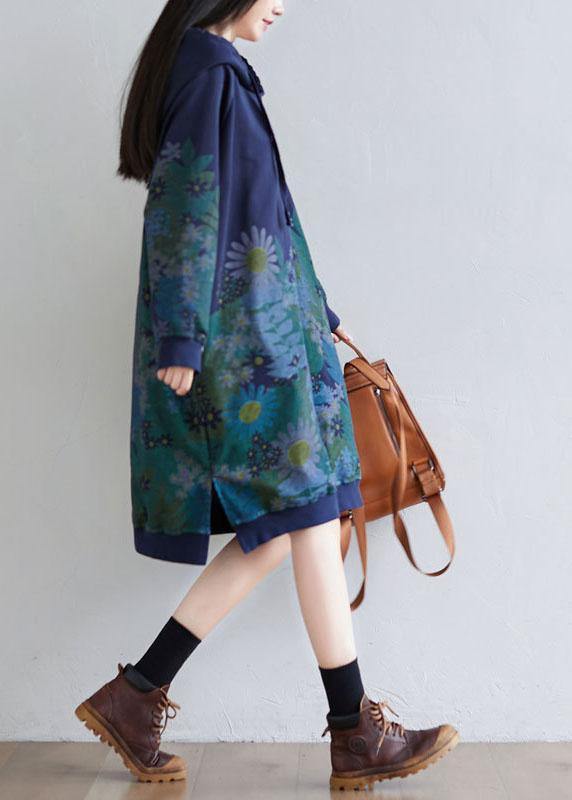 Trendy Navy Hooded Pockets Print Side Open Fall Sweatshirts Dress - SooLinen