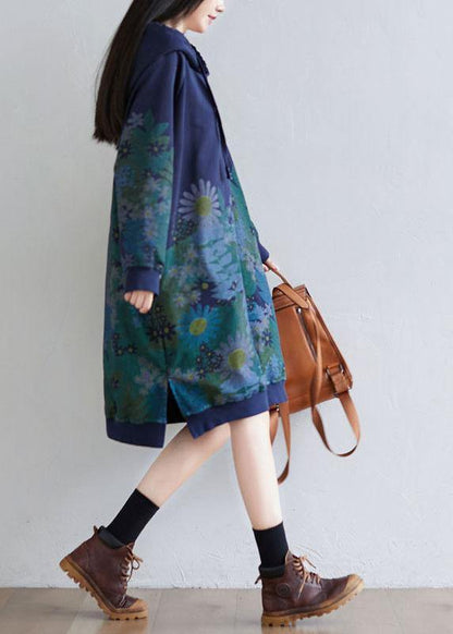 Trendy Navy Hooded Pockets Print Side Open Fall Sweatshirts Dress - SooLinen
