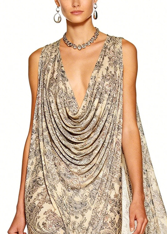 Unique Apricot Turtle Neck Print Chiffon Holiday Dress Sleeveless