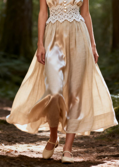 Unique Apricot V Neck Patchwork Bow Silk Vacation Dress Summer