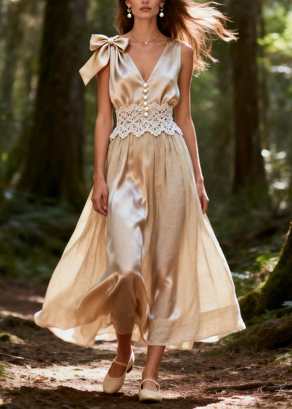 Unique Apricot V Neck Patchwork Bow Silk Vacation Dress Summer