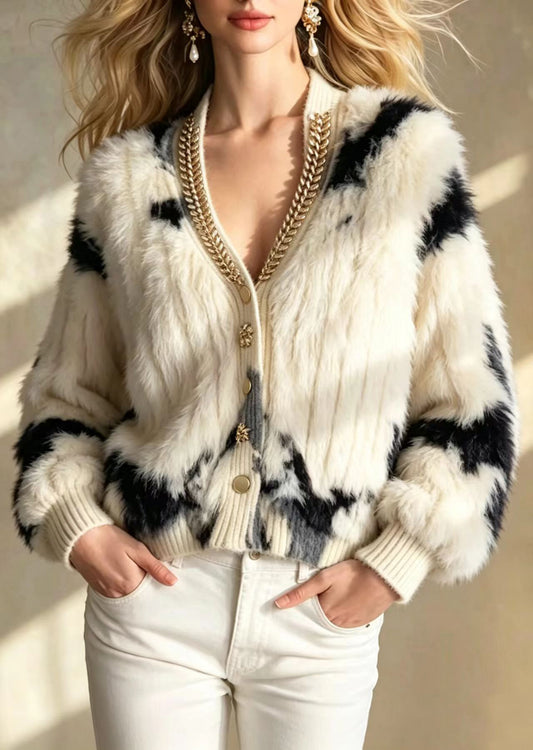 Unique Apricot V Neck Rhinestone Mink Hair Knitted Cardigan Fall