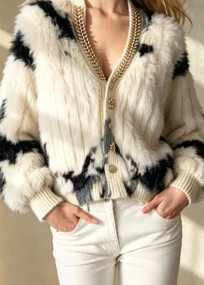 Unique Apricot V Neck Rhinestone Mink Hair Knitted Cardigan Fall