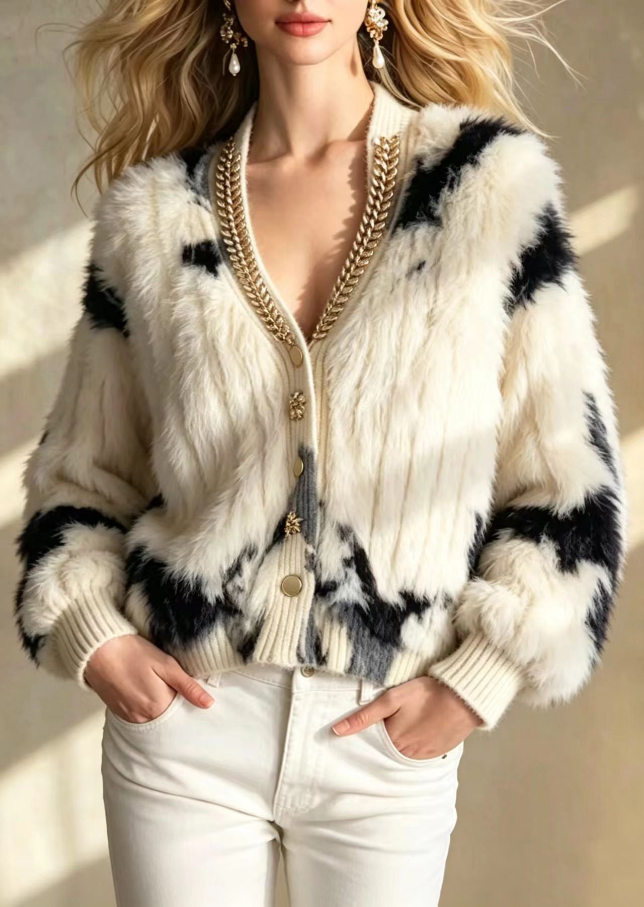 Unique Apricot V Neck Rhinestone Mink Hair Knitted Cardigan Fall
