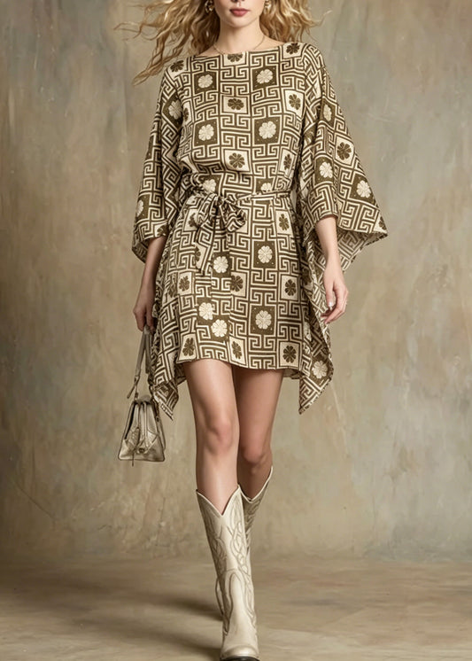 Unique Asymmetrical Design Geometric Print Lace Up Dress Batwing Sleeve