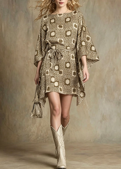 Unique Asymmetrical Design Geometric Print Lace Up Dress Batwing Sleeve