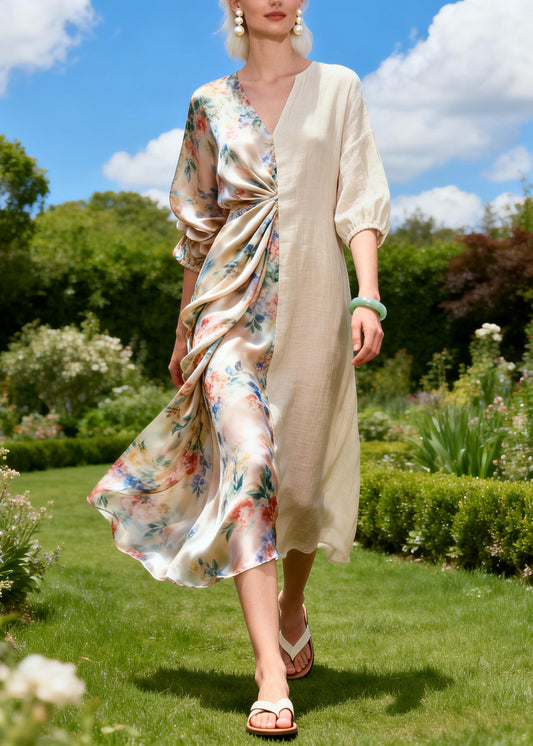 Unique Beige Asymmetrical Patchwork Wrinkled Linen Dress Summer