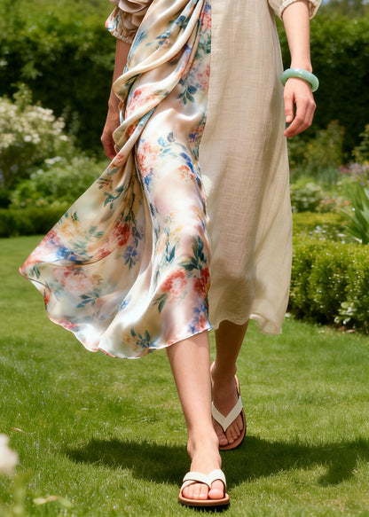 Unique Beige Asymmetrical Patchwork Wrinkled Linen Dress Summer