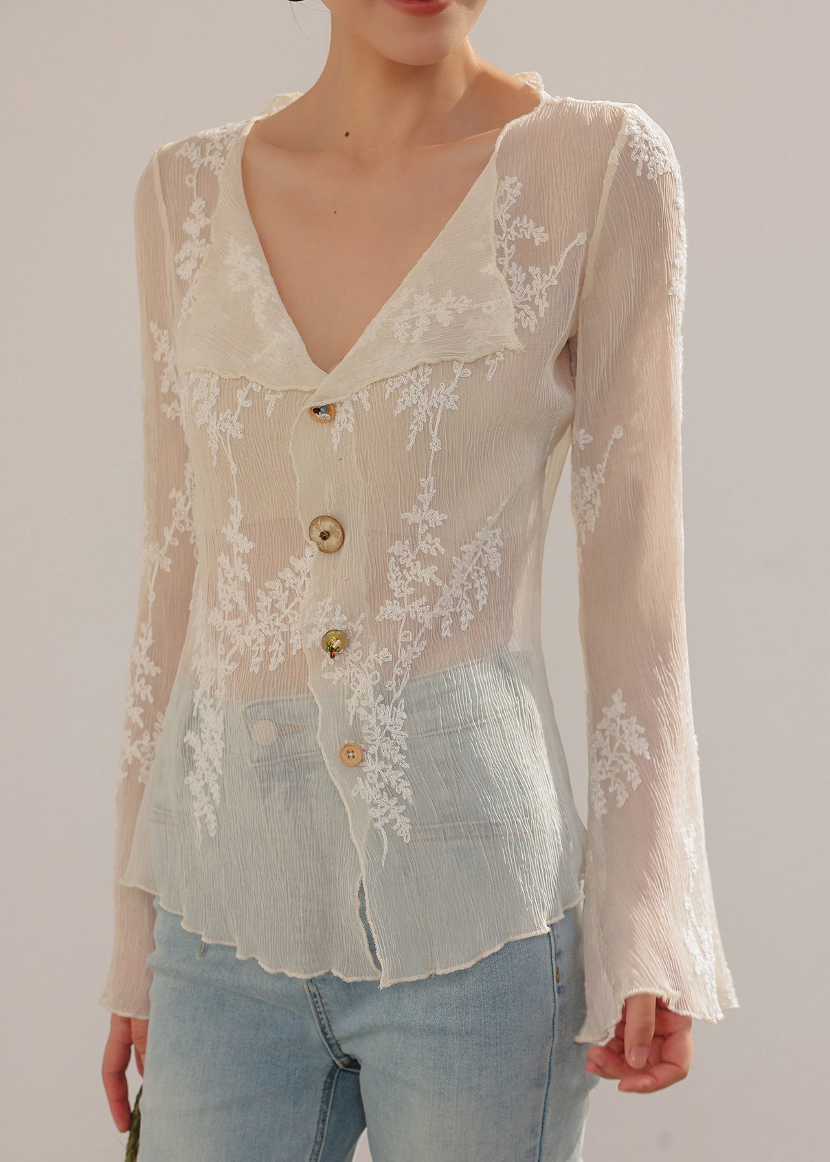 Unique Beige Embroidered Sheer Chiffon Blouse Tops Flare Sleeve