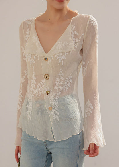 Unique Beige Embroidered Sheer Chiffon Blouse Tops Flare Sleeve