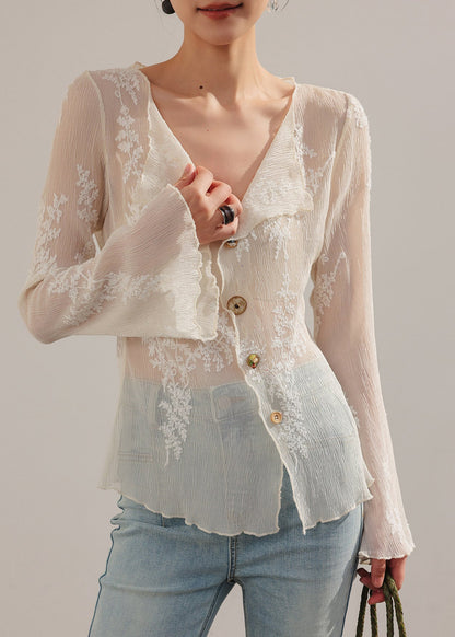Unique Beige Embroidered Sheer Chiffon Blouse Tops Flare Sleeve