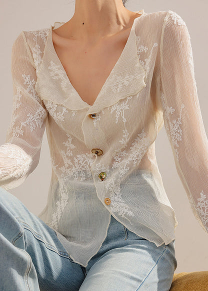 Unique Beige Embroidered Sheer Chiffon Blouse Tops Flare Sleeve