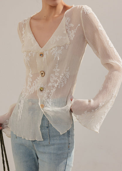 Unique Beige Embroidered Sheer Chiffon Blouse Tops Flare Sleeve