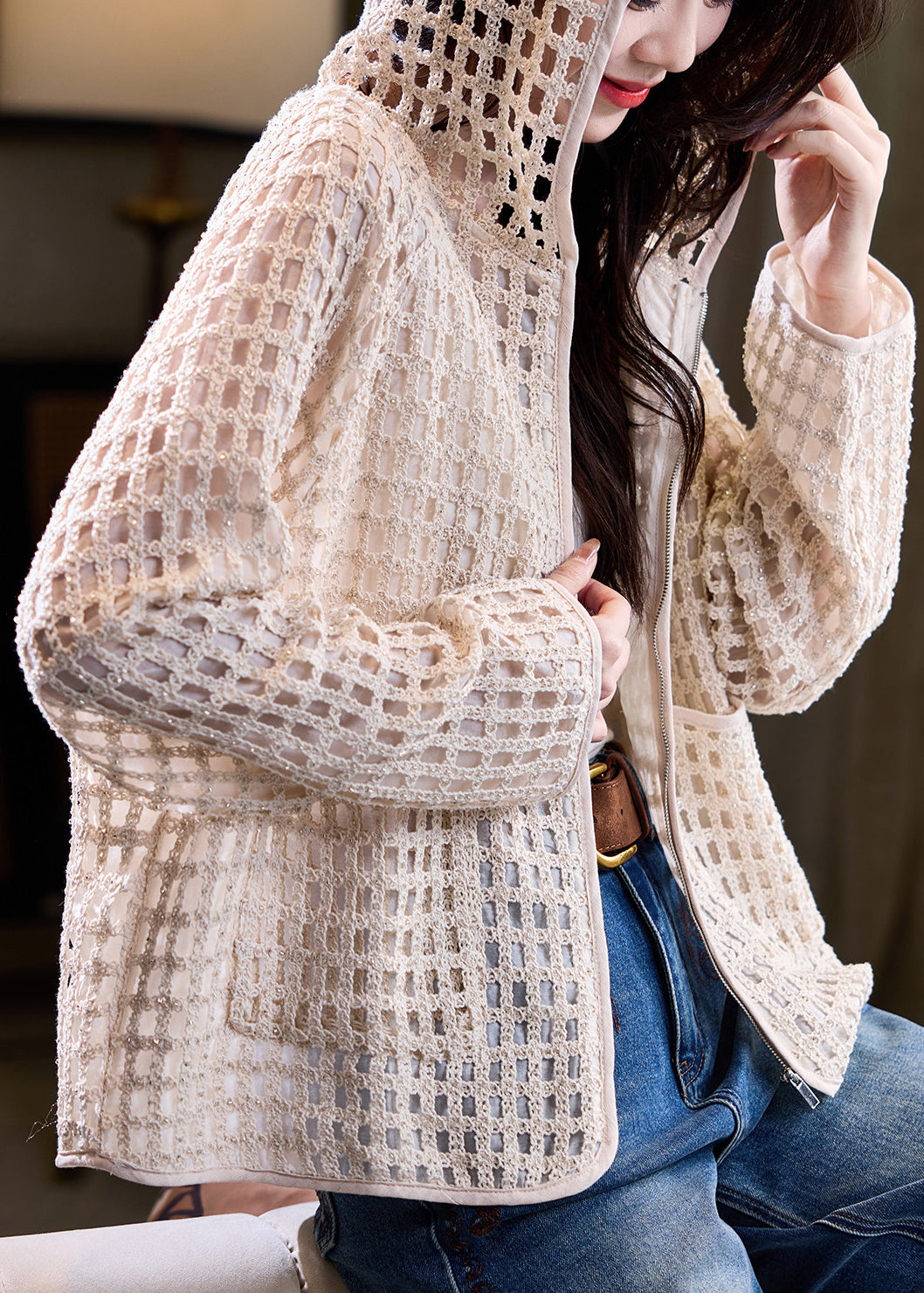 Unique Beige Hooded Hollow Out Knit Coat Fall