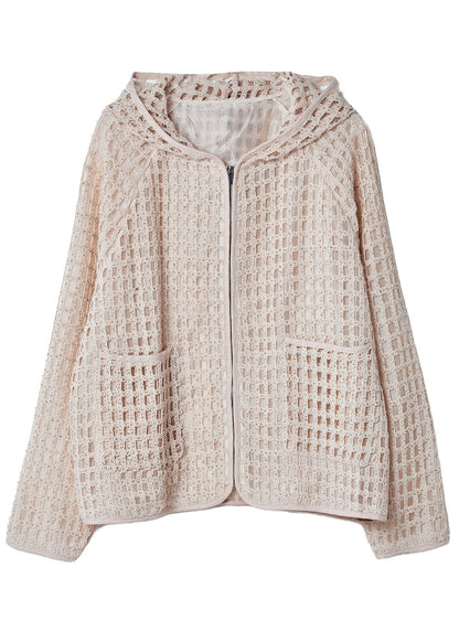 Unique Beige Hooded Hollow Out Knit Coat Fall