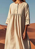 Unique Beige O Neck Wrinkled Plus Size Linen Dress Summer