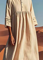 Unique Beige O Neck Wrinkled Plus Size Linen Dress Summer