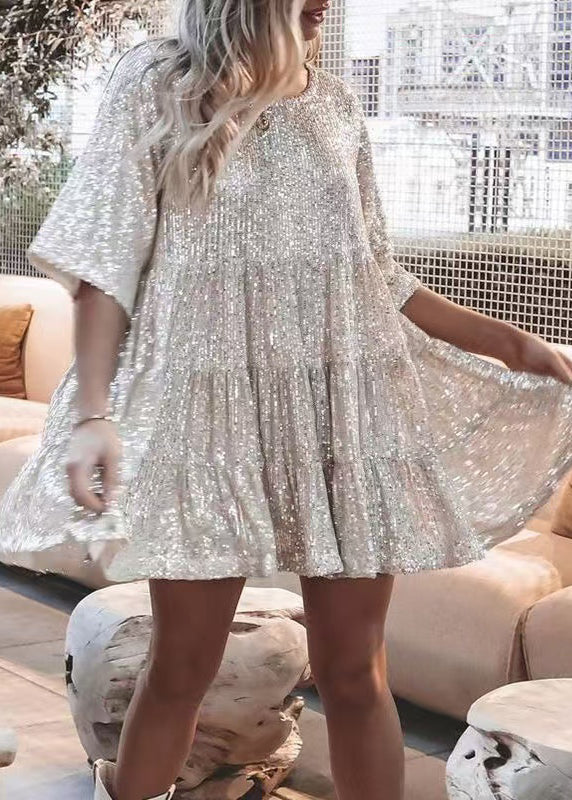 Unique Beige Oversized Sequins Mid Dress Summer