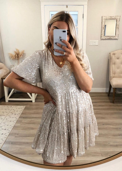 Unique Beige Oversized Sequins Mid Dress Summer