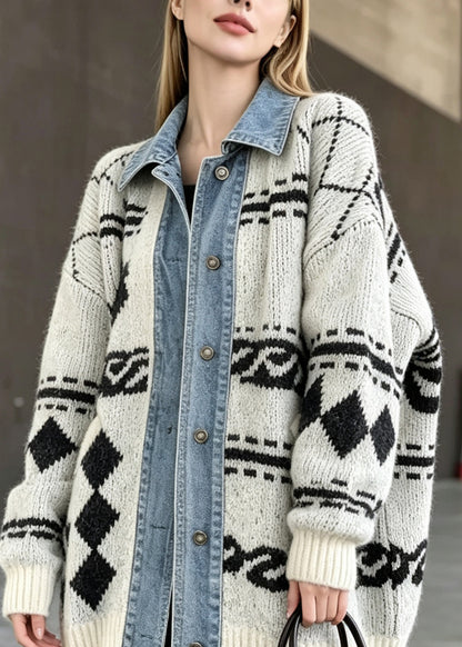 Unique Beige Peter Pan Collar Denim Patchwork Knit Cardigan Fall