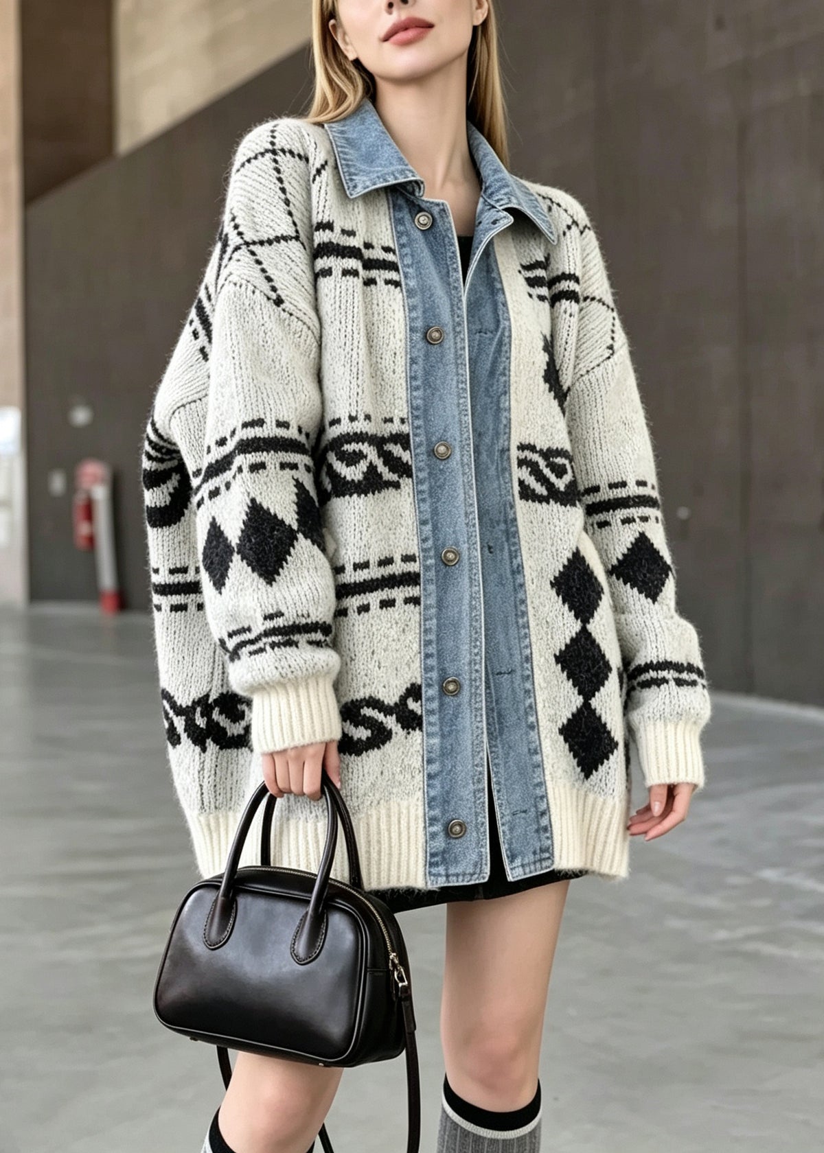Unique Beige Peter Pan Collar Denim Patchwork Knit Cardigan Fall