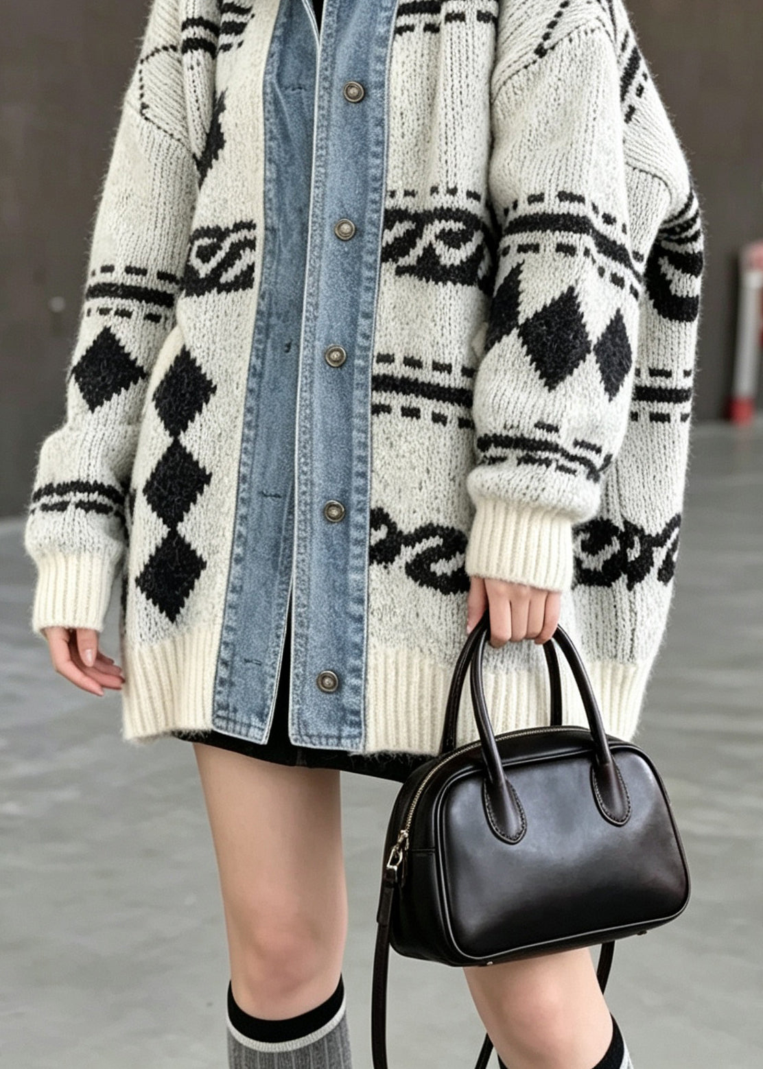 Unique Beige Peter Pan Collar Denim Patchwork Knit Cardigan Fall