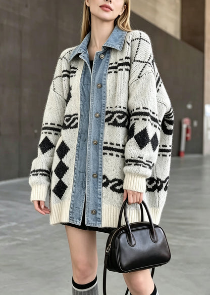 Unique Beige Peter Pan Collar Denim Patchwork Knit Cardigan Fall