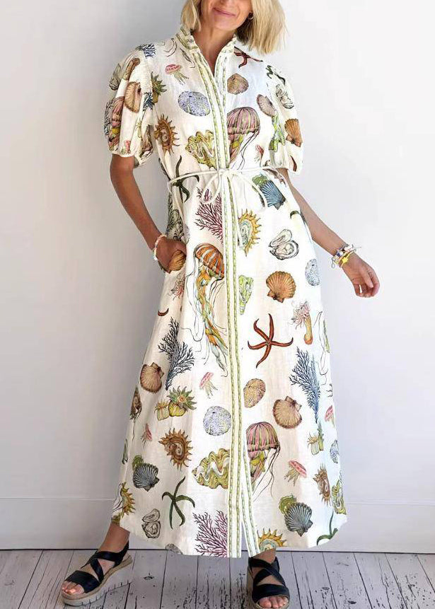 Unique Beige Stand Collar Tie Waist Maxi Dress Summer