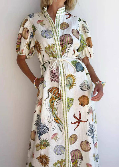 Unique Beige Stand Collar Tie Waist Maxi Dress Summer