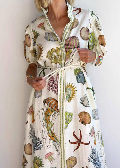 Unique Beige Stand Collar Tie Waist Maxi Dress Summer