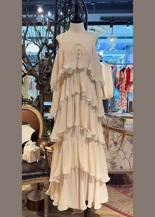 Unique Beige Tie Lace Long Spaghetti Strap Cake Dress Sleeveless